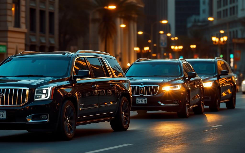 Coordinated black luxury SUV motorcade moving through the city at night