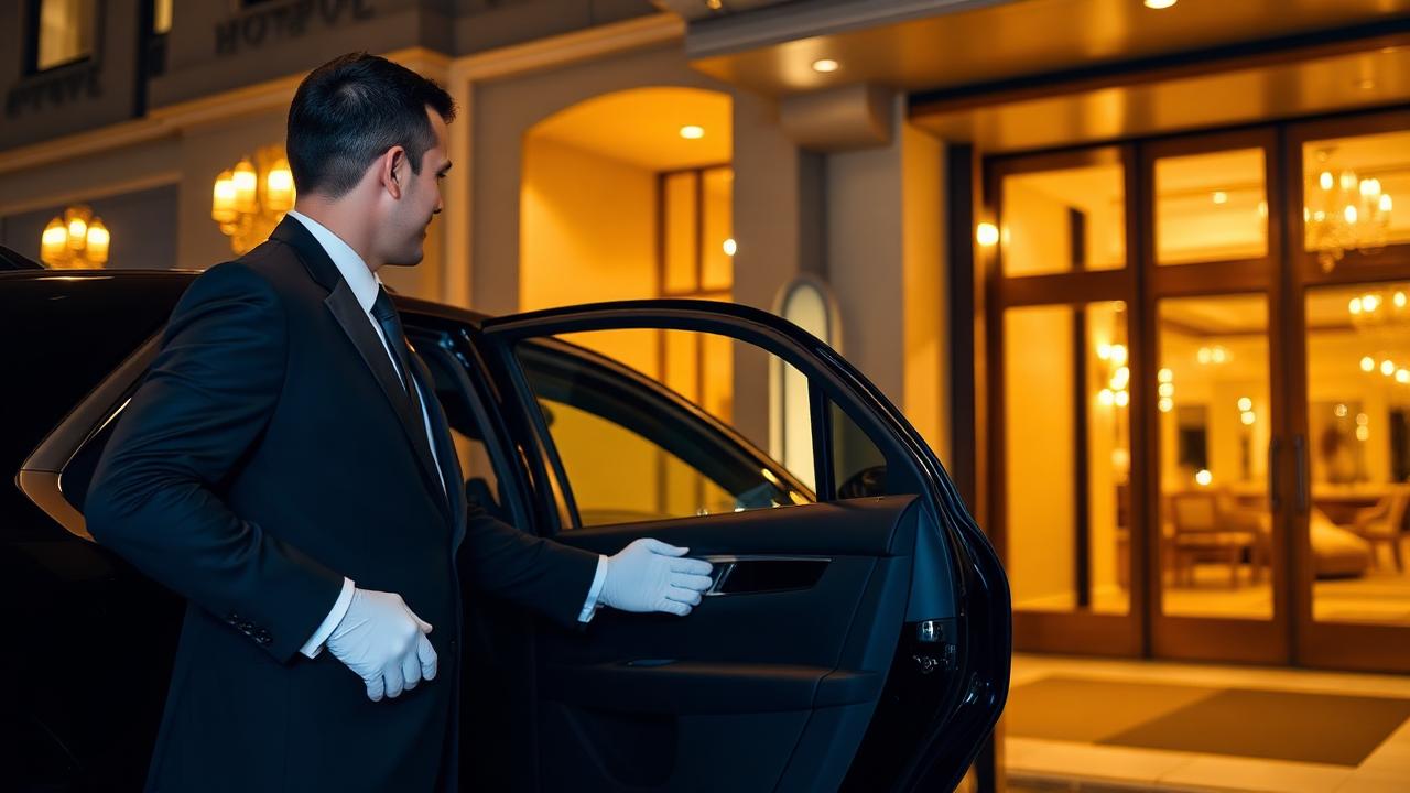 Black Rose VIP valet attendant opening the door of a black luxury sedan at an upscale venue