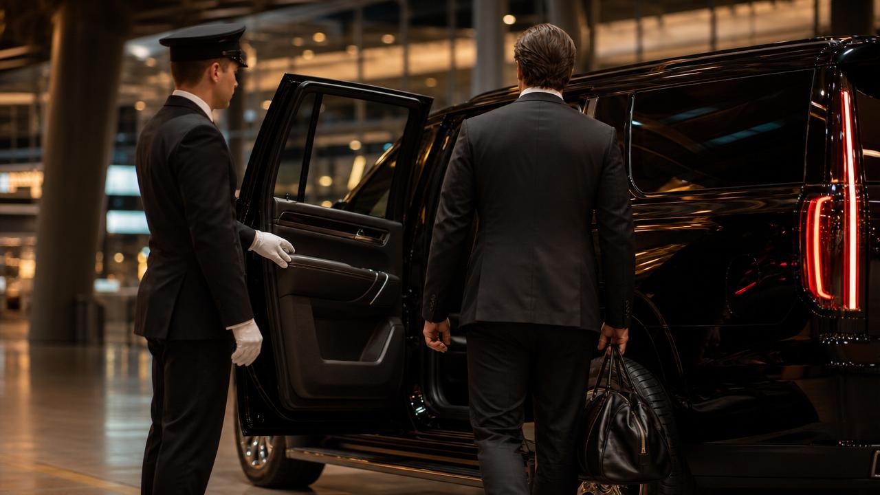 Professional chauffeur opening the door of a black luxury SUV for an executive client at Calgary airport